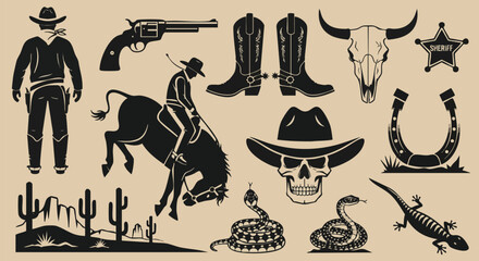 Wild West Cowboy Icons and Symbols Collection: Rodeo, Sheriff, and Desert Elements.
