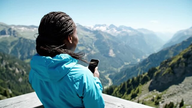 Woman hiker checks digital map on smartphone while trekking in scenic mountains. Concept of travel technology and finding route during outdoor adventure.