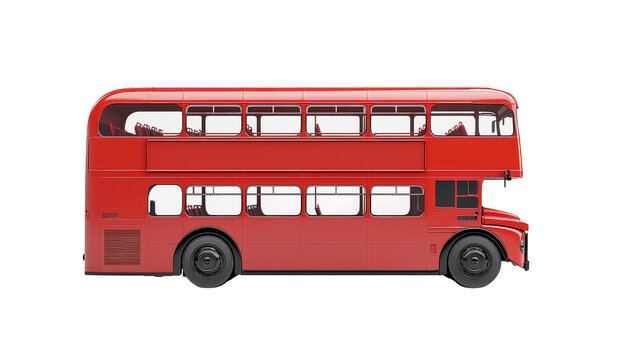 A classic red double-decker bus parked against a plain white background. its iconic design and structure. ideal for urban transport themes or British culture