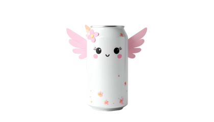 A stylized white soda can with pink fairy wings, eyes, nose, and floral accents