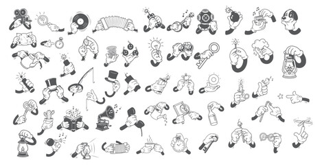 Naklejka premium Old School Comic Style Hands Mega Pack. Expressive Animated Arms in Black and White Sketch Drawing.