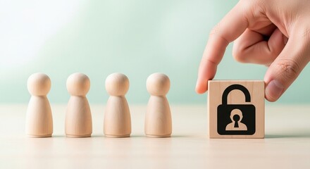 Data security concept with lock block and wooden figure