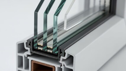 Cross-section of a window pane showcasing multiple glass layers and frame detailing