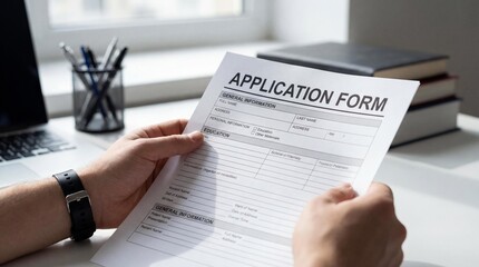 Close up of hands holding application form paper at office desk with laptop background. Concept for job recruitment, hiring, bank loan request, visa process, university admission, or registration pape