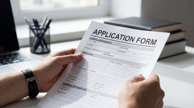 Close up of hands holding application form paper at office desk with laptop background. Concept for job recruitment, hiring, bank loan request, visa process, university admission, or registration pape - Powered by Adobe