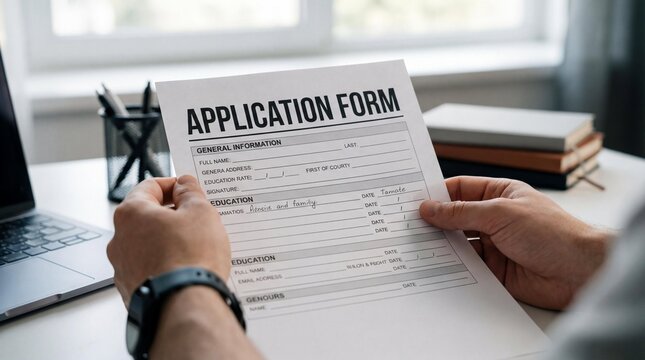 Close up of hands holding application form document at office desk with blurred laptop background, symbolizing job hiring, bank loan approval, university admission, visa processing, or insurance claim
