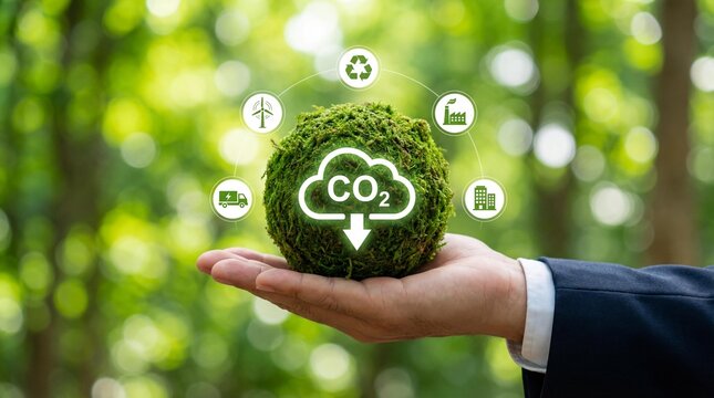 Hand holding green ecosystem sphere with CO2 reduction icon and sustainability symbols. Concept of carbon neutrality, net zero emissions, and ESG corporate responsibility. Eco-friendly business visual