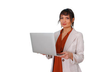 Professional businesswoman holding laptop computer and looking at camera, standing with transparent background