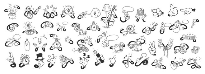 Fototapeta premium Retro Cartoon Comic Hands Set, Vintage Mascot Character Actions and Gestures.
