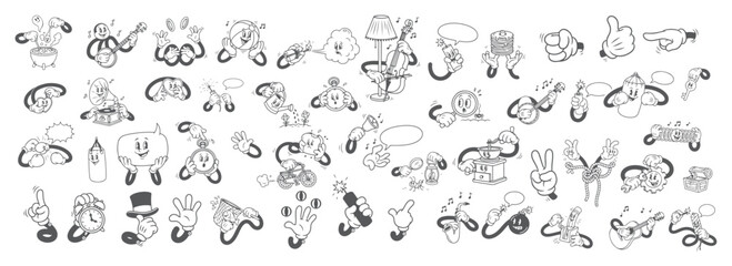 Fototapeta premium Retro Cartoon Comic Hands Set, Vintage Mascot Character Actions and Gestures.
