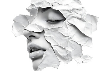 Stunning woman's face partially covered by torn white paper revealing her eye and lips