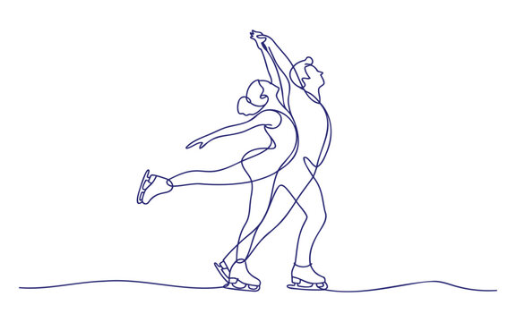 A graceful blue line drawing depicting a pair of figure skaters performing in unison.