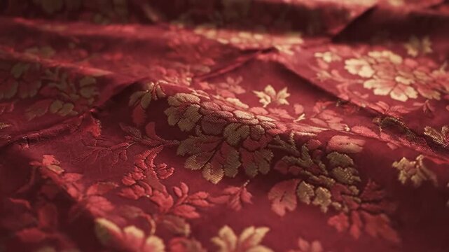 Close up of a richly patterned red fabric featuring floral designs and intricate textures suitable for various design projects