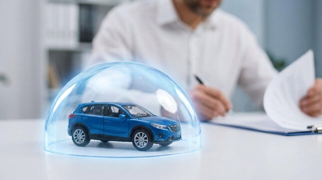 Car insurance concept with blue toy vehicle under glowing protective glass dome and businessman signing contract in background. Symbol of auto safety, car loan, warranty, risk management, and liabilit