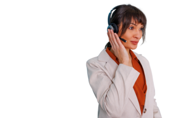 Woman wearing headset mic, providing customer service and support, communicating in a professional call center environment