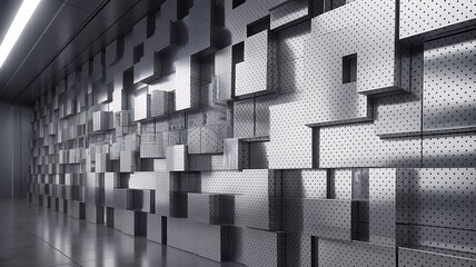 Abstract futuristic metallic wall design featuring perforated blocks creating a dynamic three dimensional architectural background texture