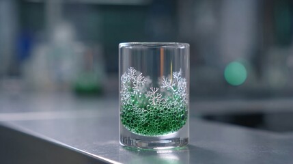 Emerald green botanical elixir with intricate white frosty patterns in a clear glass vessel showcasing scientific experimentation