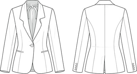 Women blazer technical vector, tailored jacket flat sketch, fashion template illustration outline mockup drawing