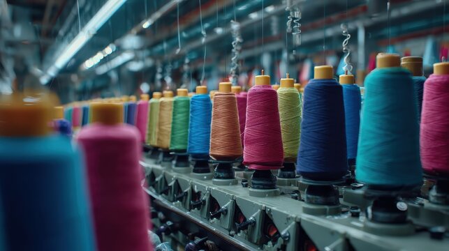 Vibrant spools of thread lined up on a textile manufacturing machine in a factory