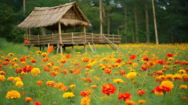 Vibrant Marigold Flower Field Swaying in the Wind with Traditional Bamboo Hut and Lush Forest Background