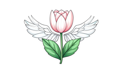 Pink and white flower with wings and green leaves on a black background