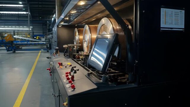 Copper wire manufacturing featuring a versatile drawbench station with adjustable settings and safety guards highlighting the controlled wire drawing environment.