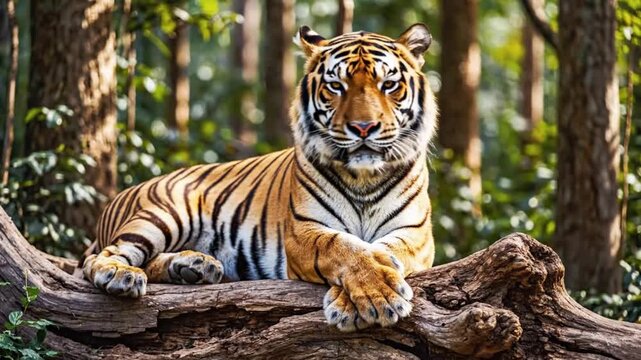 A majestic tiger resting on a fallen tree trunk in a serene forest video agriculture farming video