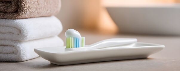 Close-up of a toothbrush with toothpaste on a white dish. Soft lighting creates a homey atmosphere, perfect for a clean and fresh start to your day.