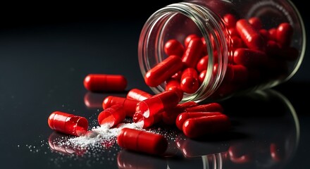 Red Capsules Spilling From Glass Jar on Black Surface.