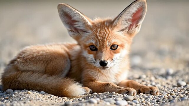 A video of a cute fennec fox lying on the sand in a desert landscape agriculture farming video