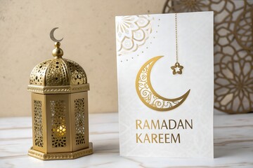 Golden Ramadan Kareem card with ornate lantern, inviting celebration and spiritual reflection during the holy month