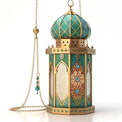 Exquisite Ornate Lantern with Teal and Gold Accents, Ideal for Festive Decorations and Islamic Celebrations