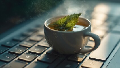 Tea in a white cup atop a laptop keyboard, steam rising