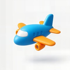 Naklejka premium Bright Blue Orange Cartoon Airplane Miniature Toy Flying Travel Concept.