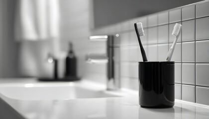 Modern bathroom with toothbrushes in a black holder, showcasing minimalistic style.