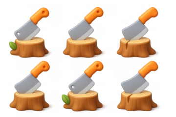 Cartoon butcher knives on wooden stumps for graphic design and icon sets