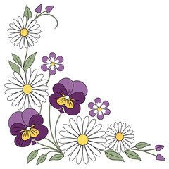 Obraz premium Beautiful flower corner arrangement with purple pansies and white daisies decorated with green leaves for corner frame or border design isolated on white background with colorful garden blossoms