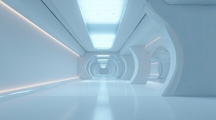 Smooth, white corridor, futuristic design, lit with cool, blue light
