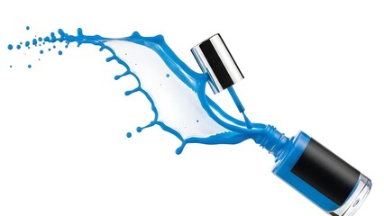 Nail polish bottle tipping with vibrant color splash, dynamic motion, clean white background, high-speed photography.