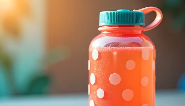 Translucent Orange Polka Dot Water Bottle &ndash; Vibrant Hydration Accessory with Green Lid in Sunlight