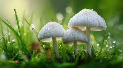 Trio of white mushrooms in mossy, dew-kissed green grass
