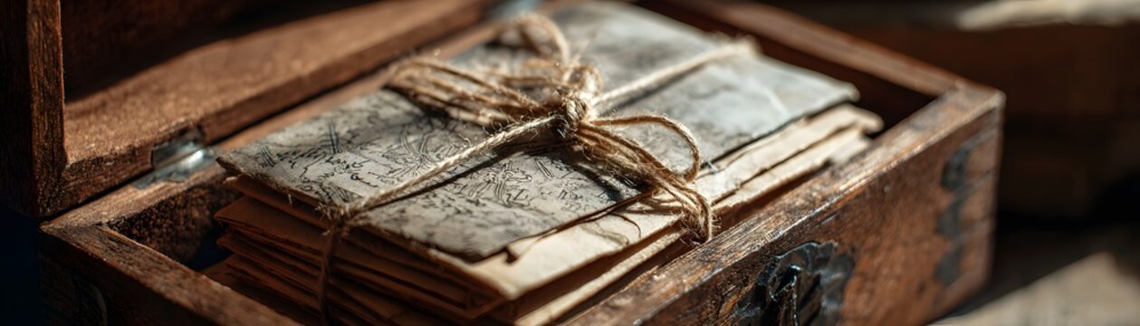Vintage letters bound with twine in a rustic wooden box, evoking nostalgia and history. The aged paper and antique style suggest timeless storytelling and personal heritage.