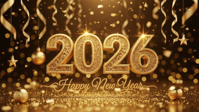 Happy new year 2026 ornate golden numbers with festive decorations and glittering elements