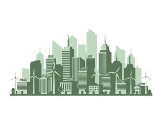 Obraz premium Sustainable green city skyline silhouette with renewable energy elements like wind turbines and solar panels.