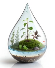 A serene miniature world flourishes within a water droplet, showcasing a vibrant ecosystem of lush green plants, moss, and soil, symbolizing environmental care and life's delicate balance