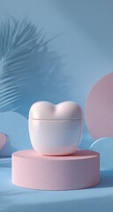 Heart-shaped cream jar on pink pedestal with blue backdrop