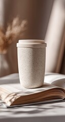 Beige speckled cup sits on open book, soft shadows, neutral tones