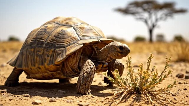 Low angle of a giant tortoise walking slowly over dry sandy ground in a sunny arid environment