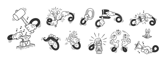 Retro Cartoon Comic Hands Set, Vintage Mascot Character Actions and Gestures.