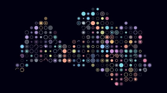 Latvia animated country shape. Pulsating colored dots on the map of the country. Large size circle blocks. Digital style Latvia map on dark background. Abstract animation video.